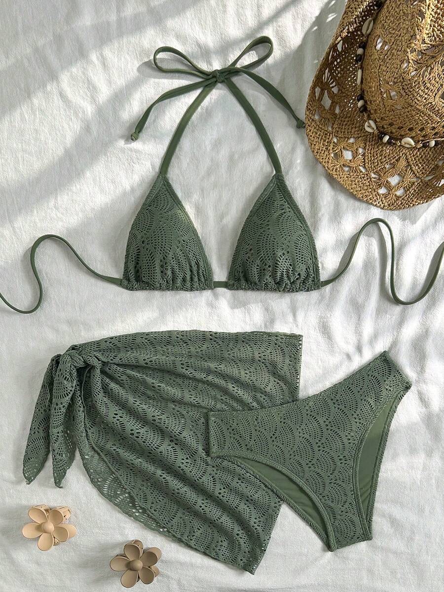 Swim Vcay Women's Halter Style Solid Color Bikini Swimsuit Set, Swimwear Set For Summer Beach Vacation - 綠色 - 查看 1