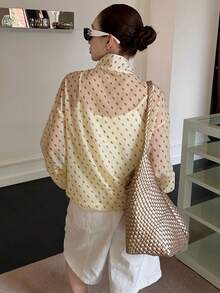 女款寬鬆微透外套，波點碎花，時尚立領，百搭休閒通勤外衣，度假、學院風 - 黃色碎花 - 查看 12