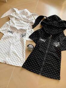 Summer Outfit For Women: Hoodie Vest, Sweet And Cute Half Coat With Star Bunny Ears, Short Sleeves, New Summer Cartoon Print For Women, Great Fit And Neat Design, Zippered Top, Summer Clothes, Blouse, Women's Short-Sleeved Jacket. - AA - View 4