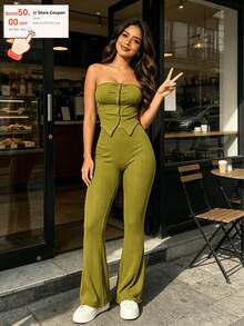 Women's 2-Piece Set: Strapless Corset-Style Top And Bell Bottom Pants In Ribbed Knit Fabric With Open Cut Design - 綠色 - 查看 1
