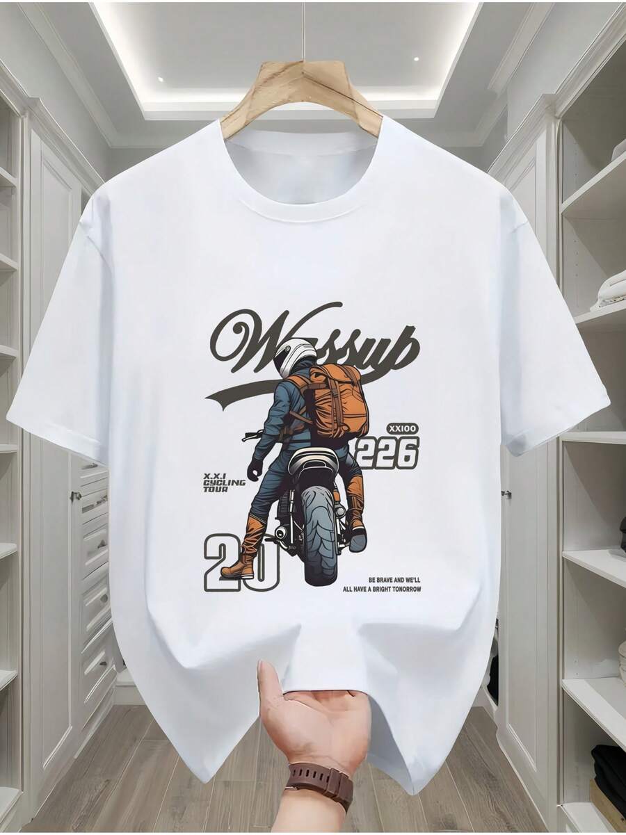 Camiseta para Hombre, Prenda Básica Casual Versátil, Top Deportivo Cómodo, con Diseño de Mochila de Motocicleta - Blanco - Ver 1