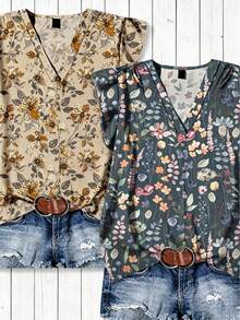 Boho Floral Print Sleeveless V-Neck Tops: 2-Pack Lightweight Breathable Summer Blouses For Beach Cover-Ups, Casual Daily Wear And Cottagecore Style For Women. - Kiểu 12 (2 chiếc) - Xem 1