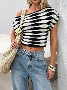 Womens Off Shoulder Knitted T-Shirt Casual Stylish Contrast Color Wave Pattern Boat Neck Short Sleeve Tops For Spring/Summer - Negro - Ver 2