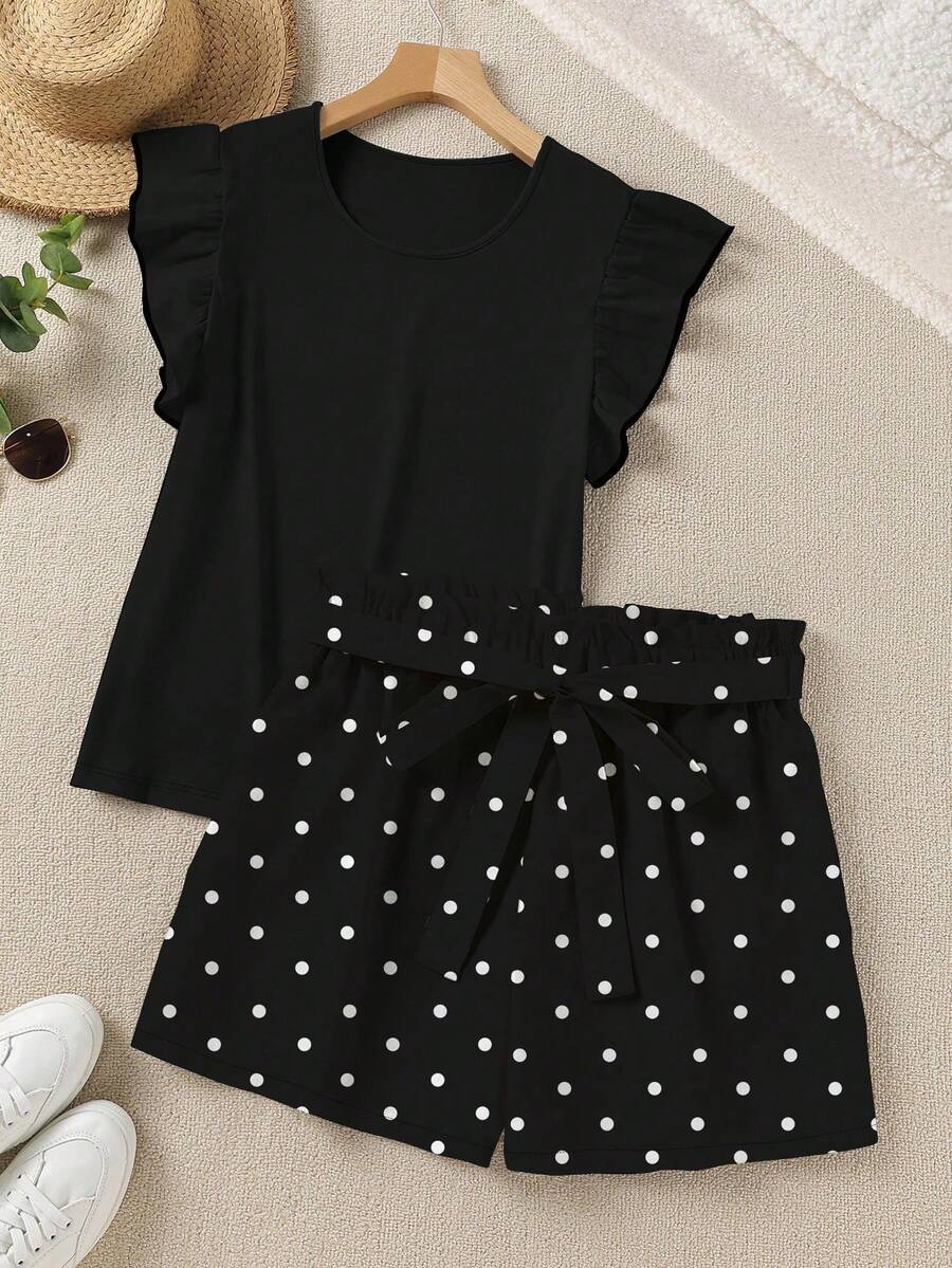 LUNE 2 piezas Conjunto de top con volantes de unicolor elegante y shorts estampados, para verano - Blanco - Ver 1