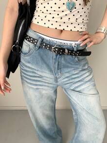 1pc PU Leather Niche Street Rivet Belt - Black - View 2