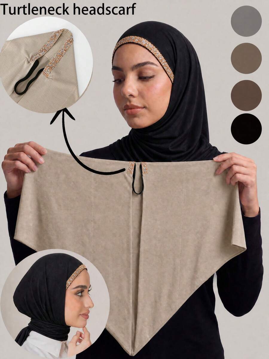 1pc Women's Solid Color Self-Tie Rhinestone Headscarf, Soft Breathable Moisture-Wicking Silky Cotton Rhinestone Triangle Scarf, Fashionable And Practical, Muslim Rhinestone Headscarf With Elastic Band, Convenient Quick Wear And Non-Slip, No Need For Pins, Suitable For Daily Styling, Running, Yoga, Fitness, Camping Or Vacation
