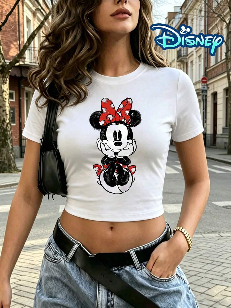 Officially Licensed Disney Women's Vibrant Minnie Mouse Cartoon Print Crop Top-Soft Polyester Blend, Casual Short-Sleeve Summer T-Shirt, Knit Fabric, Perfect For Summer, Women's T-Shirt - White - View 1