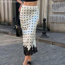 Fengyu Women's Clothing Store Falda de mujer elegante, versátil y de moda con contraste de encaje y lunares de satén vintage - Negro - Ver 6