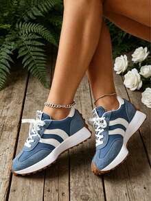 Frenchy Style Women's Retro Sneakers, White & Beige Colorblock Lace-Up Casual Shoes, Versatile Daily Wear Trainers - 藍色 - 查看 3