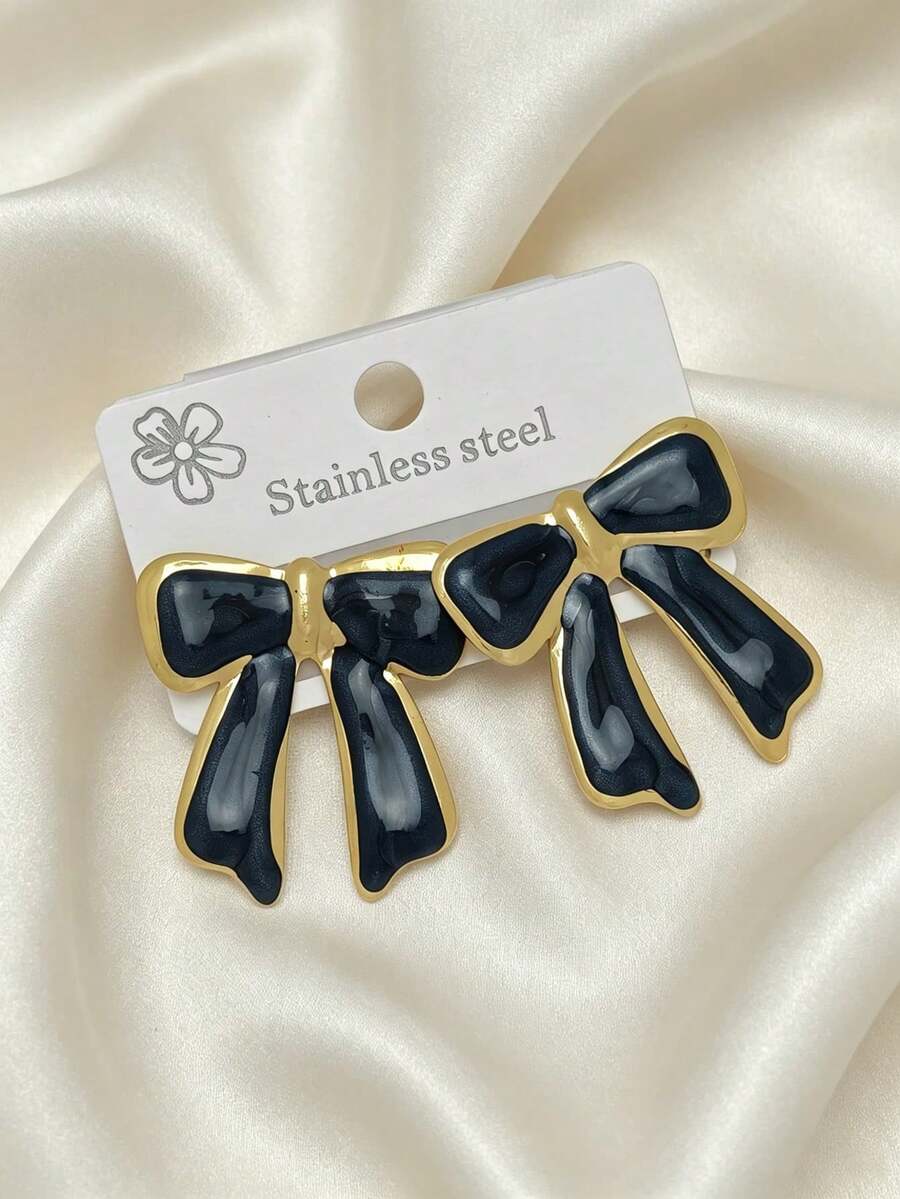 1 Pair Of Retro Light Luxury Stainless Steel Bow Earrings, Anti Fading And Hypoallergenic, Oil Dripping Process Bow Design, Versatile And Elegant Earrings For Daily Commuting, Fashionable Bow Jewelry, Perfect Holiday Gift For Female Friends. - Multicolor - View 1