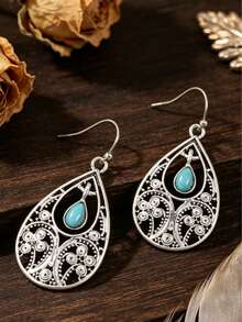 1 Pair Bohemian Style Turquoise Teardrop Earrings, Vintage Hollow Carved Zinc Alloy Ear Jewelry - Antique Silver - View 7