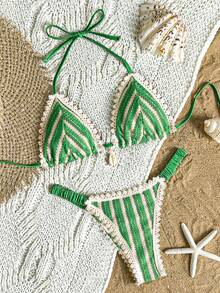 Bikinx Đồ bơi nữ phong cách Bohemian 2025 Back To School, vải vân sọc ren, bikini cúp tam giác kèm quần bơi bèo nhún cho mùa hè - Nhiều màu - Xem 3