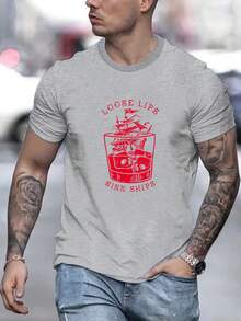 Camiseta de manga corta con cuello redondo para hombre, estilo casual de verano, estampada con las palabras Loose lips sink ship - mezcla de poliéster, ligeramente elástica, tejido de - Negro - Ver 6