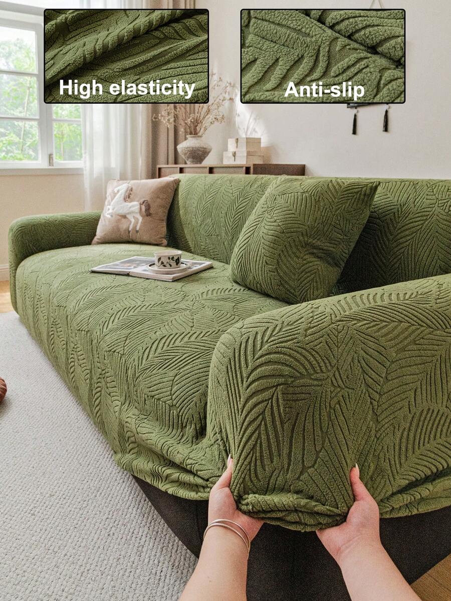 1pc Jacquard Sofa Cover, Plush Fabric Multifunctional Full Coverage Sofa Protector, Holiday Decor Stretch Fitted Sofa Slipcover, Suitable For 1/2/3/4 Seater Combination Sofa And Straight Sofa - Green - View 1