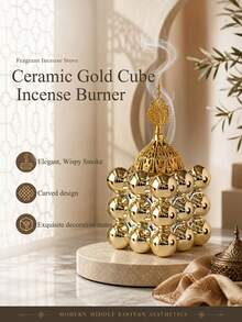 Ceramic Gold Cube Incense Burner, No Electricity Needed, Heat-Resistant Traditional Home Decor, Agarwood Diffuser, Meditation Practice, Spiritual Cleansing - one-size - View 2