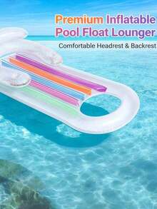 Cama flotante inflable para piscina con reposacabezas, cama de agua inflable con respaldo, estera de playa (bomba de aire no incluida), suministros estéticos para jardín al aire libre, con portavasos y soporte para el cuello, cama flotante inflable de PVC reforzado y balsa para piscina - A - Ver 6