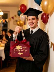 12pcs Graduation Gift Bags With Mortarboard Pattern And Satin Bow, Premium Matte Paper Bags With Twisted Rope Handles, Self-Assembly Required, Suitable For Gifts, Candy, Snacks And Small Favors, Multiple Colors, For High School And College Graduation Parties - Graduation Cap Paper Bag - View 6