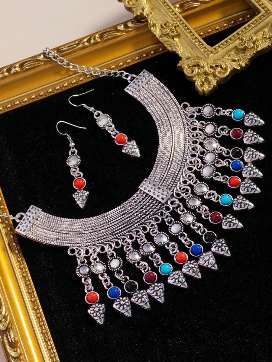 1pc Hong Kong Style Bohemian Exotic Vintage Heavy Craft Luxury Versatile Fashion Necklace & Earrings Set - Multicolor - View 1