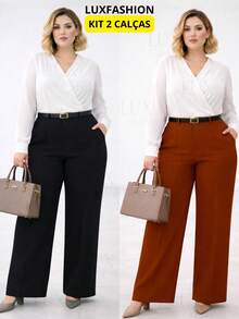 Set Of 2 Elegant High-Waisted Plus Size Tailored Trousers For Women With Belt - 1 Black 1 Terracotta - View 1