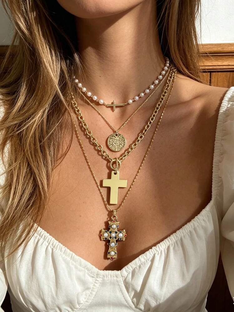 4PCS Fashion Multi-Layered Stacked Cross Faux Pearl Rhinestone Pendant Necklace, Vintage Multi- Gold Coin Pendant Multi-Layered Necklace Set For Women - Gold - View 2