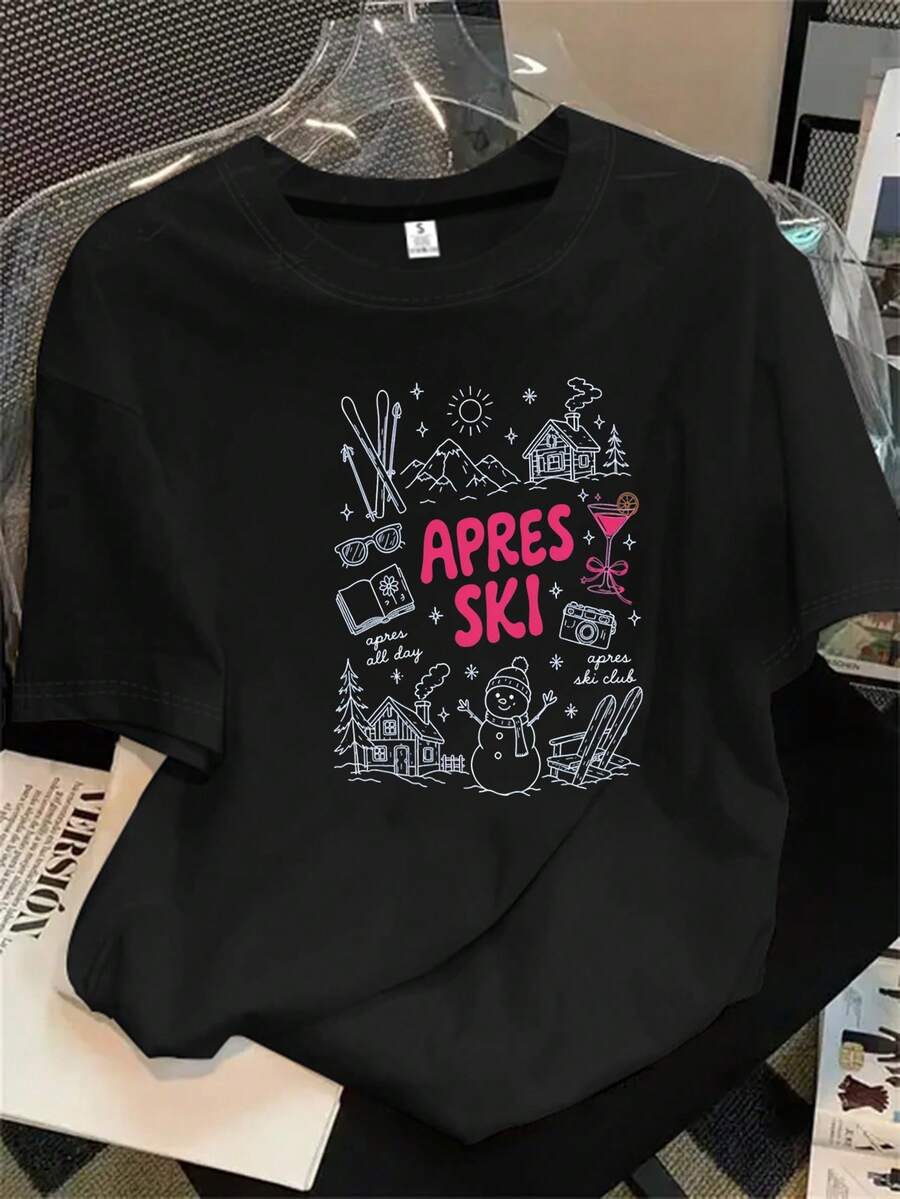 Camisa de mujer de manga corta y cuello redondo con el logotipo de la empresa y un estampado de flecha roja en el centro, apta para todas las estaciones. - Negro - Ver 1