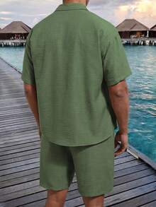 Men's Shirt Set With Patch Pocket Vacation Style Short Sleeve Shirt And Shorts Casual Set - Olive Green - View 5
