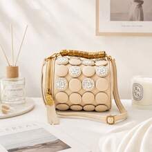 Borsa Boston da donna, borsa a cuscino con strass, borsa cilindrica con motivo a pois, borsa a mano retrò con chiusura a bottone, borsa a tracolla, borsa a spalla, borsa a tracolla per lavoro, ufficio, pendolarismo, borsa versatile per tutti i giorni - Bianco - Visualizzare 2