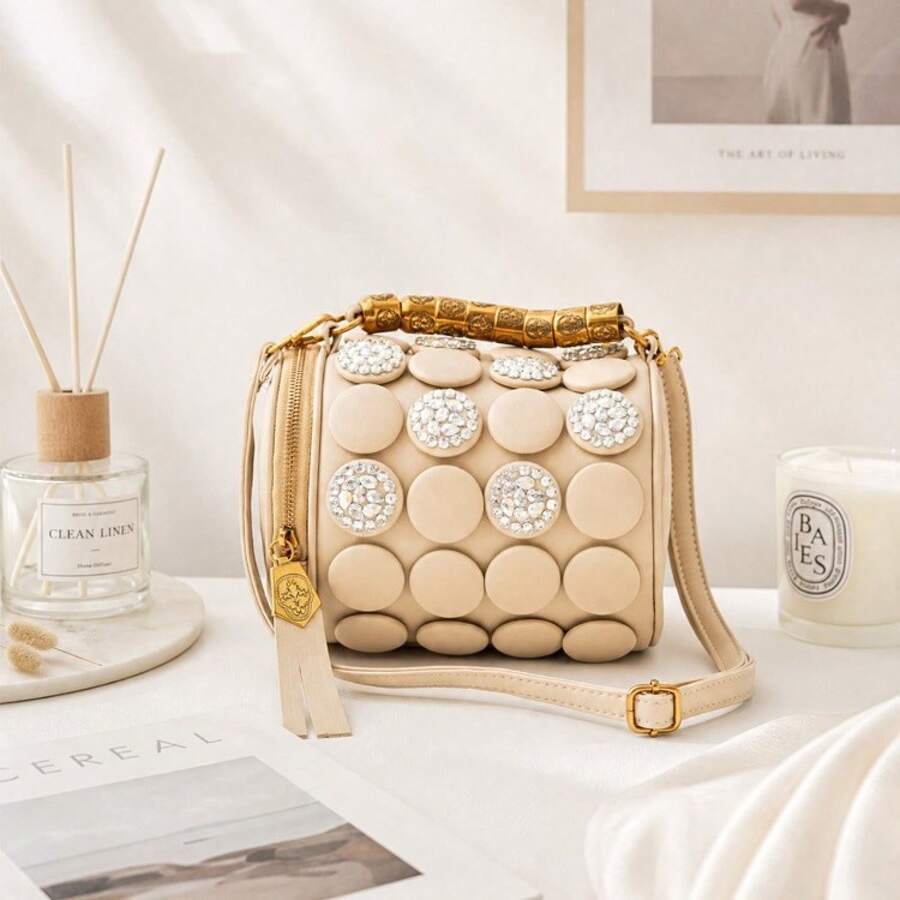Borsa Boston da donna, borsa a cuscino con strass, borsa cilindrica con motivo a pois, borsa a mano retrò con chiusura a bottone, borsa a tracolla, borsa a spalla, borsa a tracolla per lavoro, ufficio, pendolarismo, borsa versatile per tutti i giorni