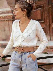Solid Color Knit Fabric Hollow Ribbed Front Button V-Neck Long Sleeve Cardigan Top, Loose Casual Elegant Outerwear For Spring And Autumn - White - View 4