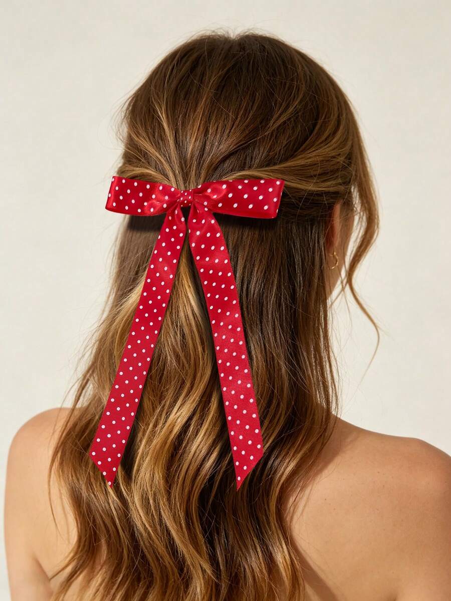 2pcs/Set Women's Satin Polka Dot Long Ribbon Bow Hair Clip, Vintage Youthful Style, Multiple Colors Available, Versatile Hair Accessory Suitable For Daily Commute, Holiday Party, Birthday Party, Shopping, Travel, Photography, Any Occasion, Perfect Gift For Best Friend,Claw Clips - Multicolor - View 1