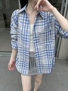 Korean Style Loose Fit Long Sleeve Plaid Shirt, Random Fabric Panels - Blue - View 7