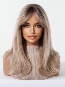 Wig Sintetis Gaya Kupu-kupu 18 Inci, Ombre Panjang Lurus Berlapis, Wig Pengganti Sintetis untuk Wanita dengan Poni untuk Penggunaan Sehari-hari dan Pesta. - Ombre pirang - View 3