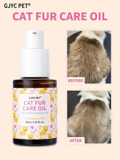 GJYC PET Cat Fur Care Oil – Detangles, Reduces Shedding, Adds Shine With Jojoba Oil, Coconut Oil & Shea Butter – Leave-In Conditioner For Dry Skin & Matted Fur, Cat Grooming Oil For Shiny Coat, 1.01 Fl Oz (30ml) – Calming Frankincense Scent