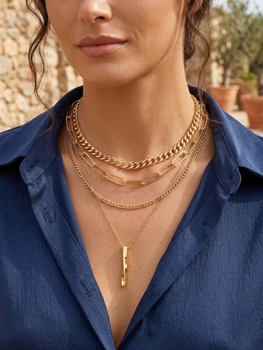 4pcs/Set Gold Geometric Pendant Multi-Layer Chain Necklace For Women, Suitable For Party And Daily Wear Decoration - Multicolor - View 1