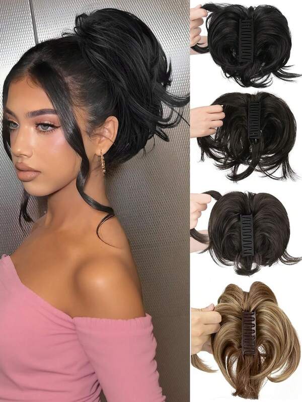 8 Inch Claw Clip Short Ponytail Wig Set - DIY Bendable Metal Material Voluminous Messy Hairstyle Wig Pieces, Smooth Synthetic Hair, Women's Ponytail Wig Set, Black Hair Color