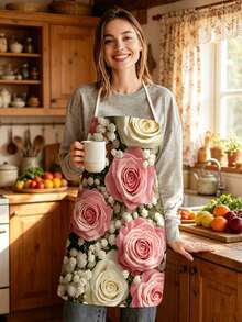 1pc, Pink Rose And Yellow Daisy Pattern Polyester Apron, Suitable For Cooking, Baking, And Gardening - Can Be Used As Attire For The Kitchen And Dining. - Multicolor - View 6