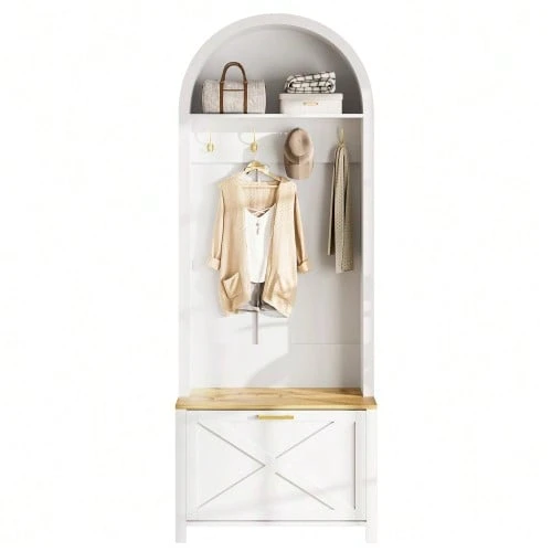 Multifunctional Cabinet With Shoe Rack, Shelf, And Hooks – Entryway Coat Rack, Sturdy MDF Construction, Modern Design, Durable Iron Legs, Practical Storage - 白色 - 查看 1