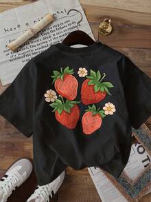 Minimalist. 100% Cotton. 1 Piece. [Double-Sided Printing] Pure Cotton Short-Sleeved T-Shirt With A Round Neck And A Fresh Strawberry Flower Print. [Lang] Spring/Summer Top. - 黑色 - 查看 3