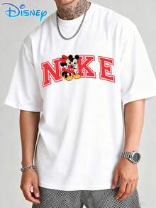 Camiseta Disney Mickey y Minnie Mouse con estampado de letras, camiseta para hombre de algodón puro con mangas cortas, estilo urbano, cuello redondo holgado de algodón puro, estilo casual unisex, imprescindible para parejas y fotos en el parque de atracciones, adecuada para el uso diario y como prenda de verano. - Blanco - Ver 2