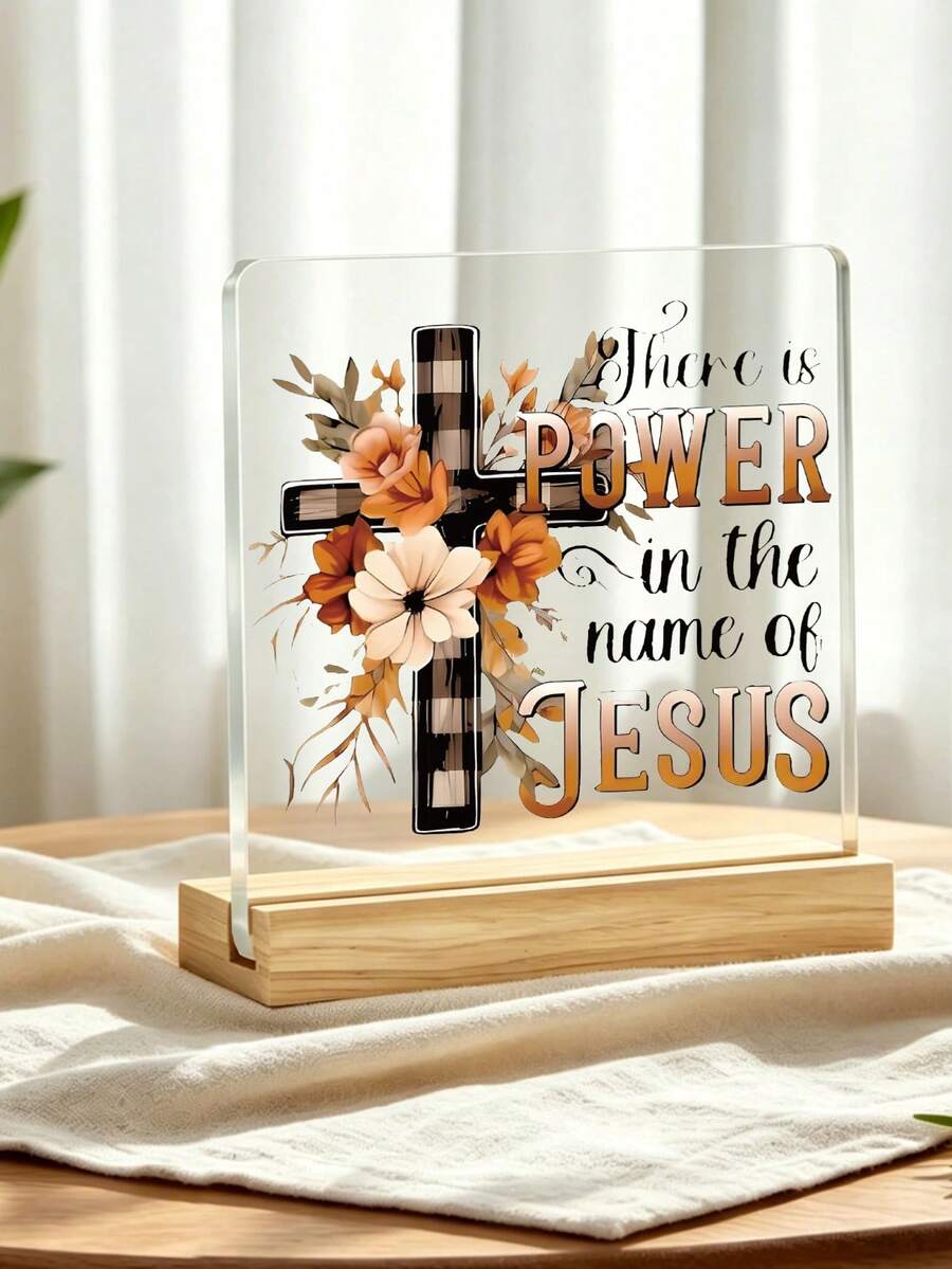 1 pieza Decoración de Cruz Cuadrada Acrílica 2D con Base - Texto Inspirador "El Nombre de Jesús Tiene Poder" Decoración Horizontal para el Hogar, Adecuada para Dormitorio, Sala de Estar, Oficina, Regalo Ideal para Acción de Gracias, Cumpleaños, Mejor Amigo, Navidad, Eid