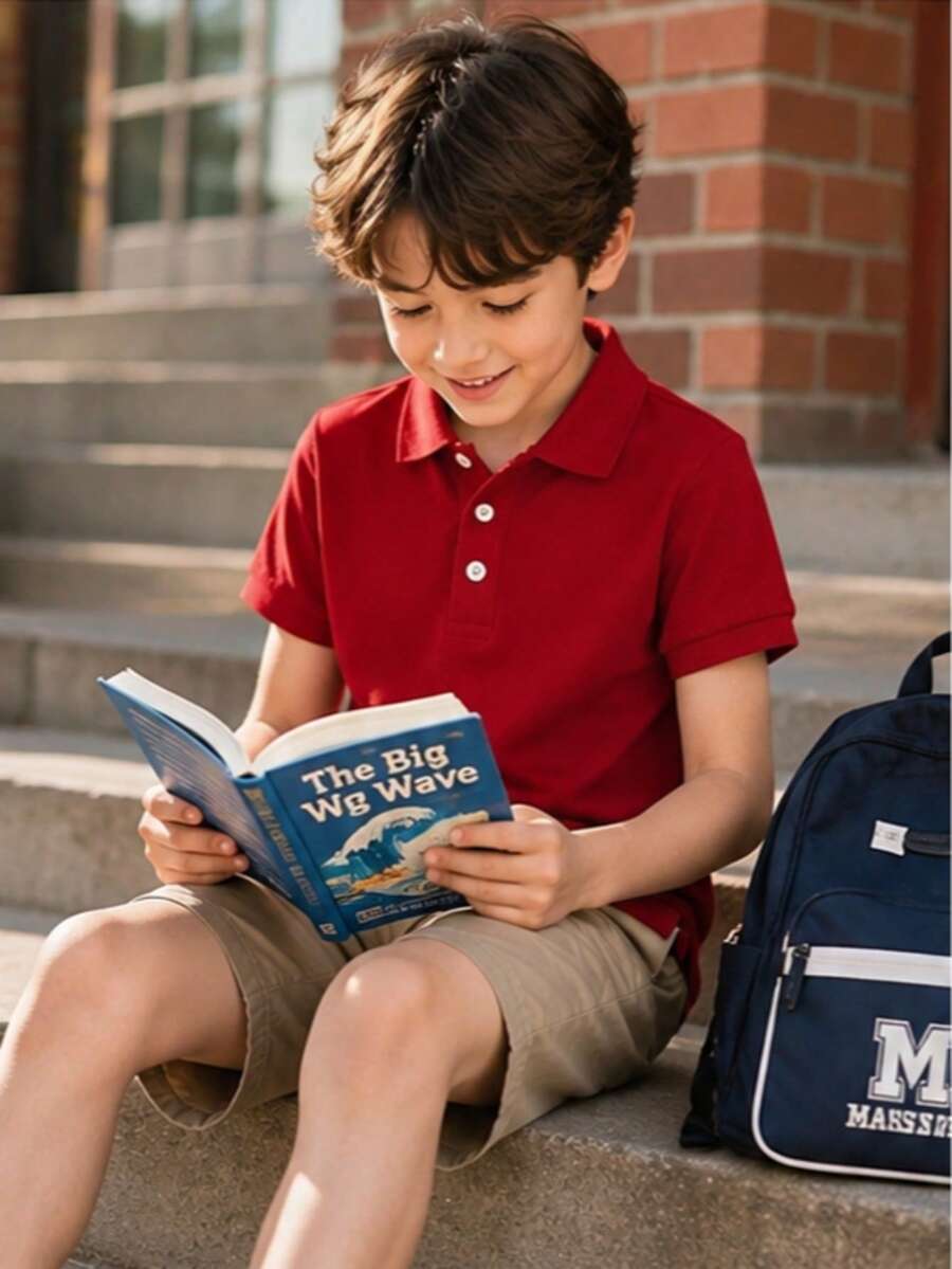Young Boy Classic Red Solid Color Short Sleeve Polo Shirt Suitable For Daily Wear, Outings, Gatherings, Performances And Activities - Red - View 1
