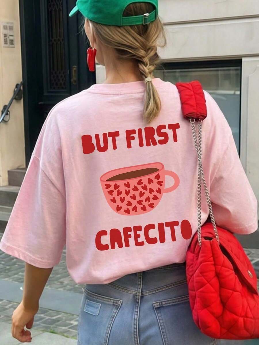 1 Piece Women's Cotton T-Shirts, Retro Oversized Short Sleeve Round Neck, Autumn Print For Outdoor Use, Comfortable - 羅莎 - 查看 1