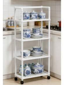 Estante para especias de cocina, estante de almacenamiento, estantería blanca de cuatro niveles, con ruedas, con ganchos resistentes, apto para su uso en el baño, el dormitorio y la cocina. - blanco - Ver 3
