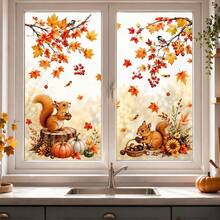 1/6pcs/Set Autumn Window Clings, Cute Squirrel With Pumpkins Fall Tree Decals, Thanksgiving Harvest Festival Static Stickers For Home Kitchen Living Room Kid's Room Decor, Removable No Glue Needed Autumn Maple Leaf Bird Decor For Glass Door - Multicolor - View 2
