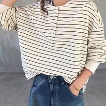 Camiseta holgada de murciélago a rayas casual para mujer, otoño - Marrón - Ver 5