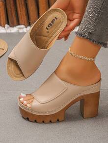 Women's High Heel Sandals Solid Color Hook And Loop Waterproof Platform Extra Wide Lightweight Comfortable Thick Heel Casual Commute Slip-On Sandals Slides Minimalist Summer Beach Style Slip-On Sandals - Apricot - View 3