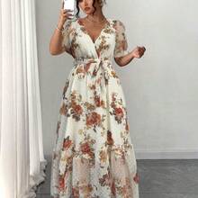 guang zhou mi qian shang mao  Vestido elegante de mujer con cuello en V, manga abullonada, lunares y cintura con lazo, para primavera/verano - Blanco y Negro - Ver 4