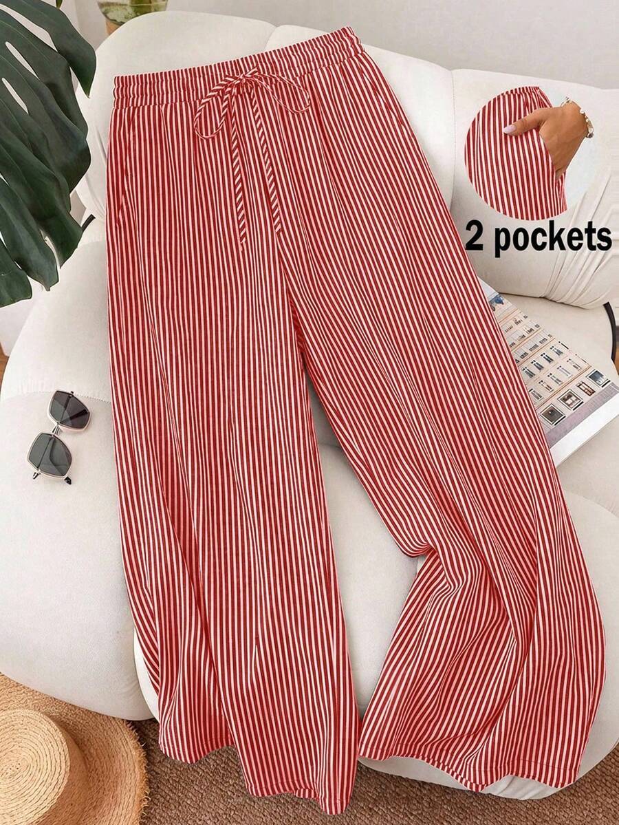 [Free Shipping]Plus Size Striped Heart Print Straight Leg Pants Women's Summer Pants Cute Pants For Woman Pants For Women Casual Wide Leg Pants Woman High Waist Women Pants - 紅色 - 查看 1