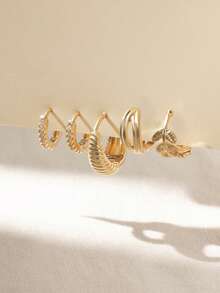 Nooxian 1 Set de pendientes dorados con patrón de hoja, pendiente de cartílago + clip de cartílago de doble aro + aro de strass + aro ancho texturizado, estilo de lujo en capas - amarillo dorado - Ver 2