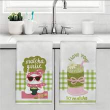 2PCS Healing Matcha Theme Cat Drink Print Microfiber Absorbent Kitchen Towels, 40*60cm Rectangular Dishcloth, Tablecloth, Hand Towel, Kitchen Decor, Neighbor Housewarming Gift, Kitchen Napkin And Dishcloth, Home Decor Gift - Green - View 11